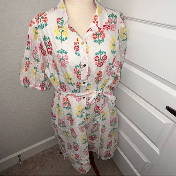 Draper James RSVP Floral Print Button Front Eyelet Puff Short Sleeve Dress - Picture 1 of 11